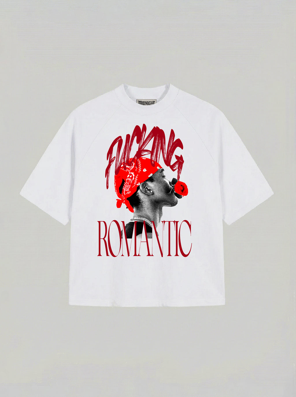 T-SHIRT OVER , TAGLIO SPALLA STAMPA "ROMANTIC" - BIANCO