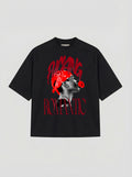 T-SHIRT OVER , TAGLIO SPALLA STAMPA "ROMANTIC" - NERO