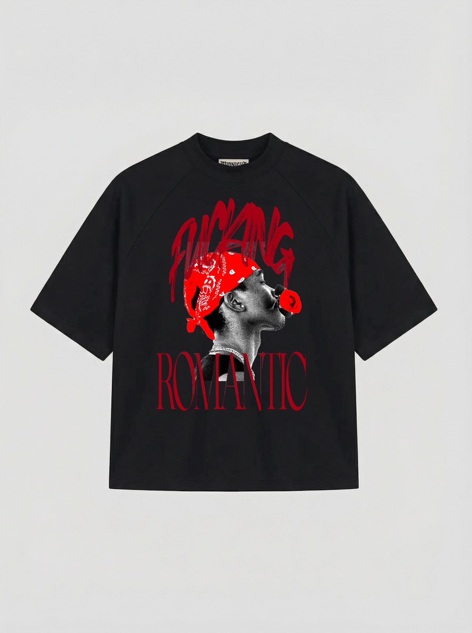 T-SHIRT OVER , TAGLIO SPALLA STAMPA "ROMANTIC" - NERO